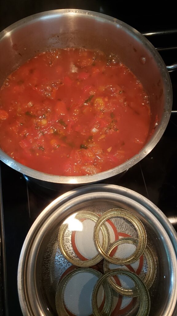 Pot of salsa heating on the stove with a small saucepan of canning rings and lids in water, warming up for water bath canning.