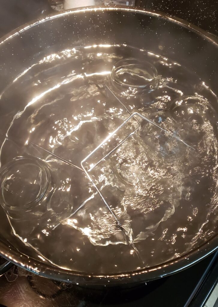 Water bath canner filled with empty jars, in boiling water